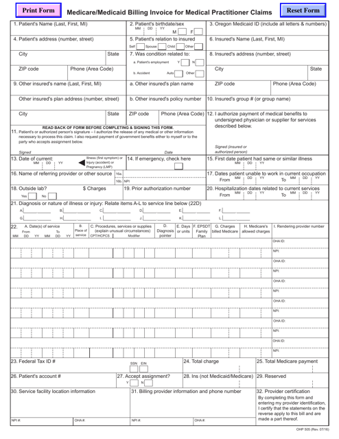 Form OHP505 Medicare/Medicaid Billing Invoice for Medical Practitioner Claims - Oregon