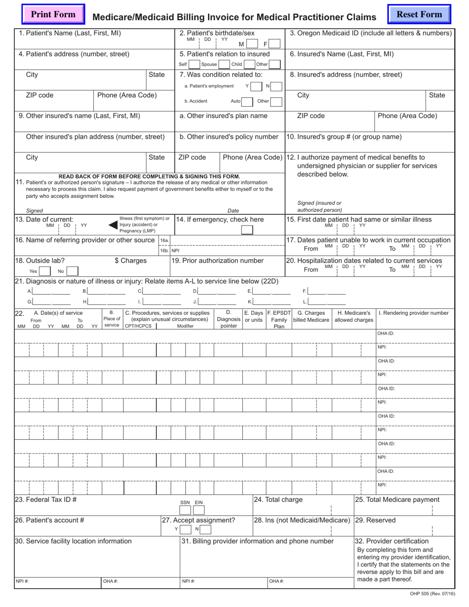 Form OHP505 Medicare / Medicaid Billing Invoice for Medical Practitioner Claims - Oregon, Page 1