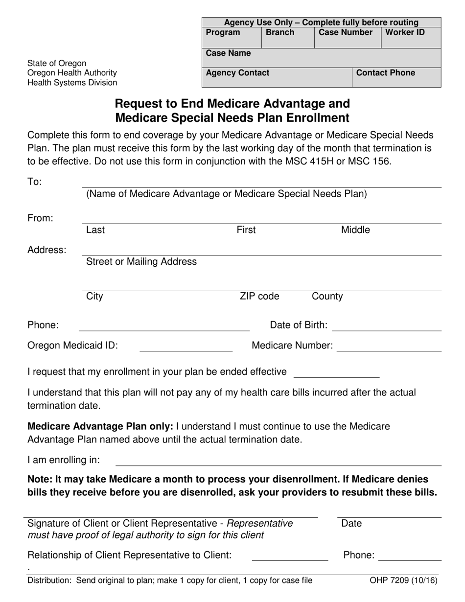 Form OHP7209 Request to End Medicare Advantage and Medicare Special Needs Plan Enrollment - Oregon, Page 1