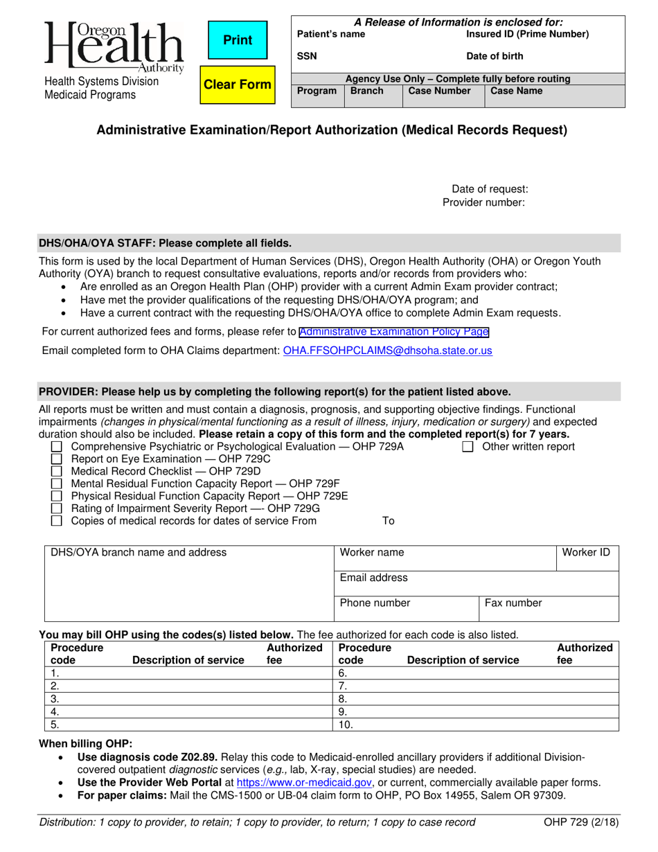 Form OHP729 Administrative Examination / Report Authorization (Medical Records Request) - Oregon, Page 1