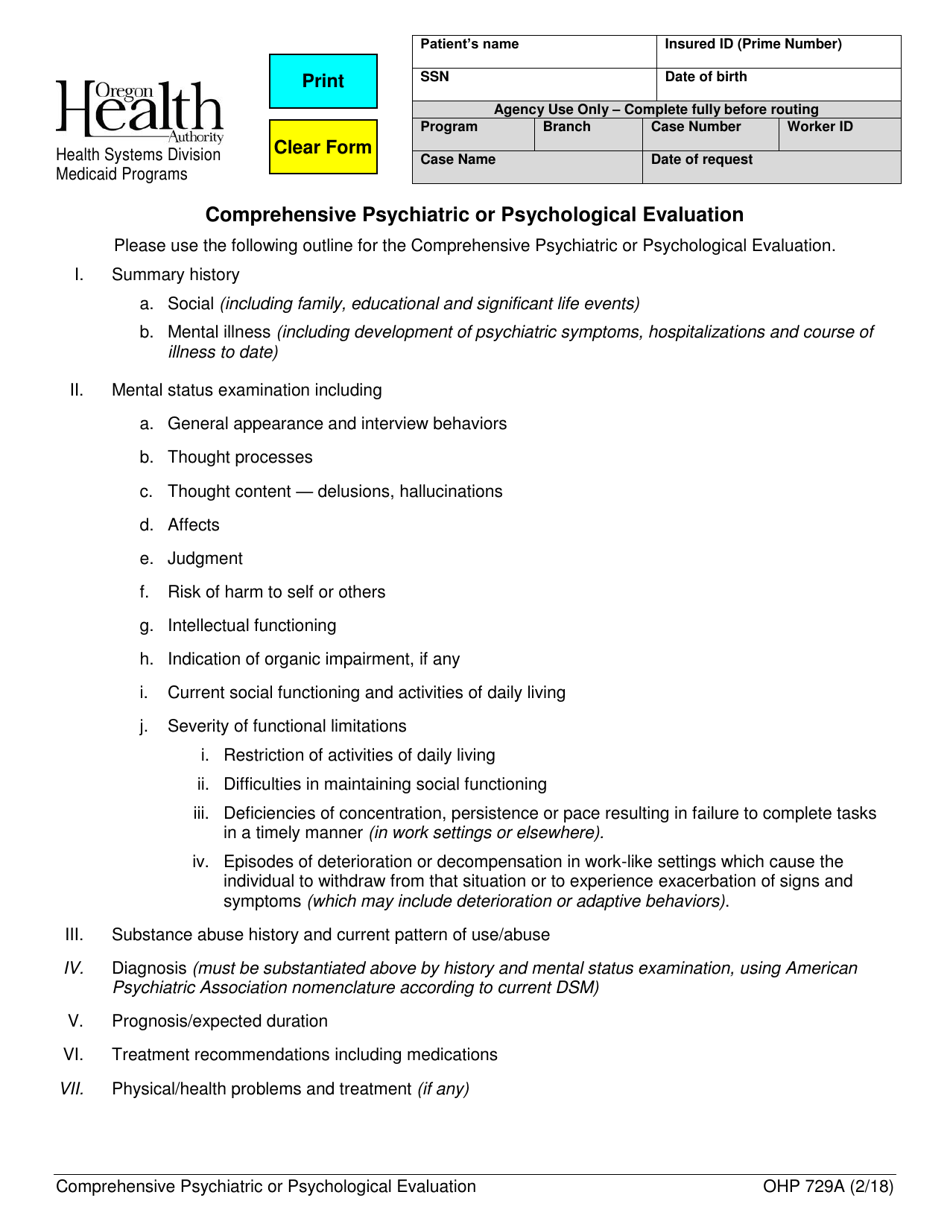 Form OHP729A Comprehensive Psychiatric or Psychological Evaluation - Oregon, Page 1