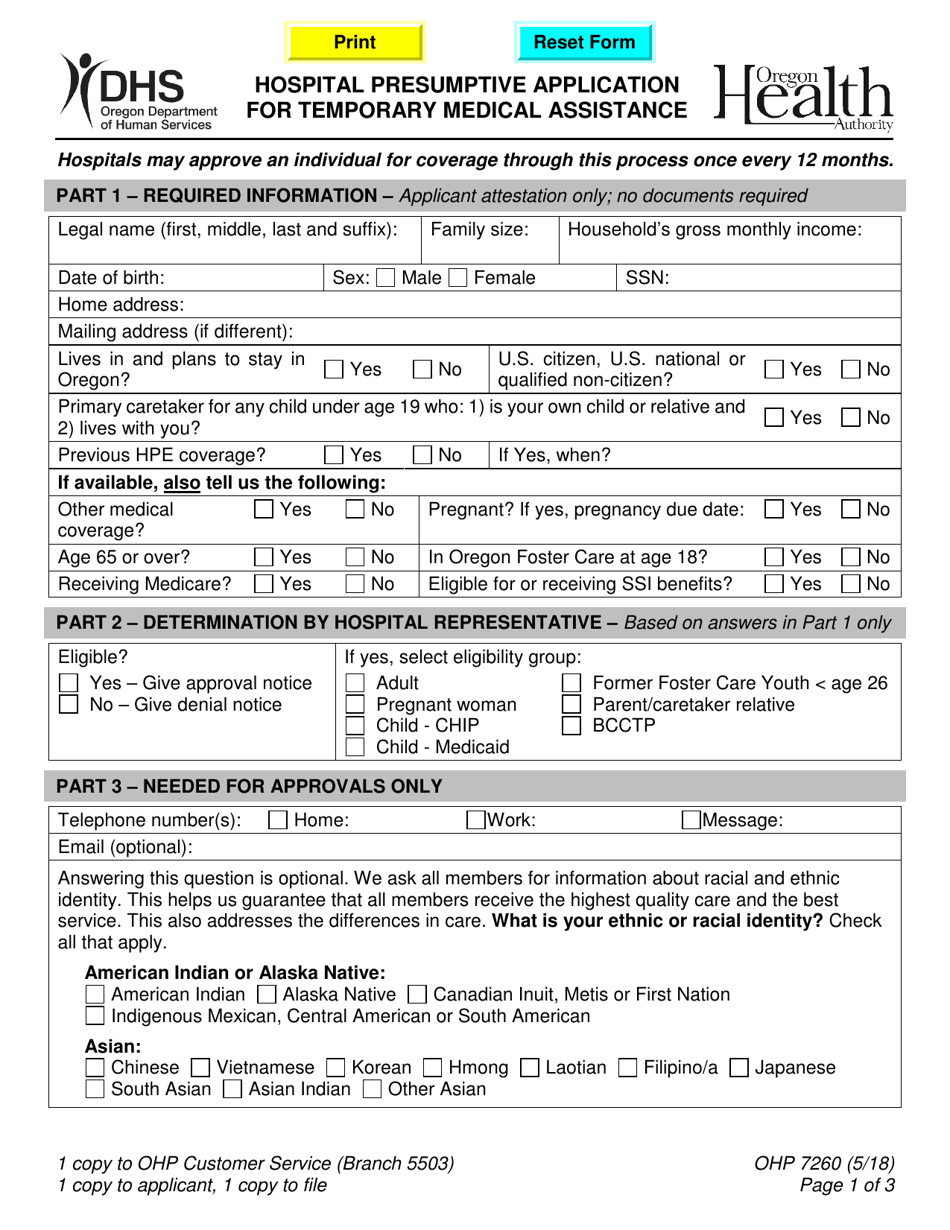 Form OHP7260 Hospital Presumptive Application for Temporary Medical Assistance - Oregon, Page 1