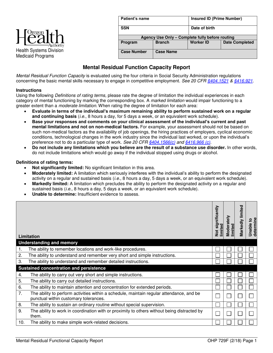 Form OHP729F Mental Residual Function Capacity Report - Oregon, Page 1