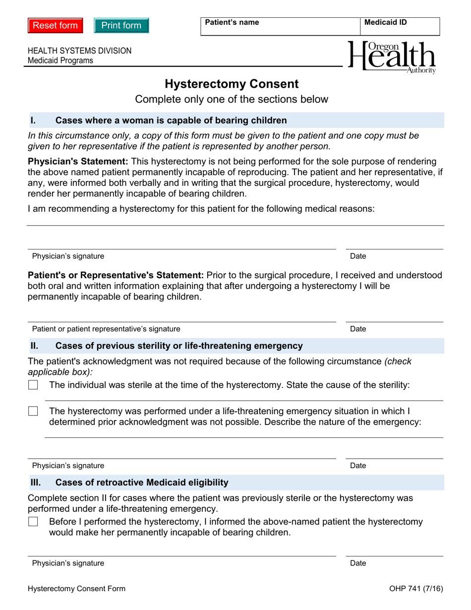 Form OHP741 Hysterectomy Consent - Oregon, Page 1