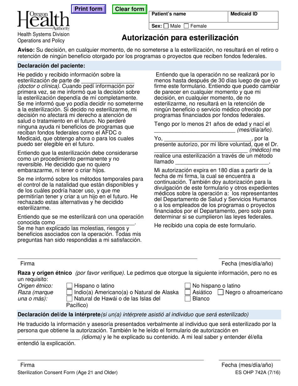 Formulario OHP742A Autorizacion Para Esterilizacion - Oregon (Spanish), Page 1