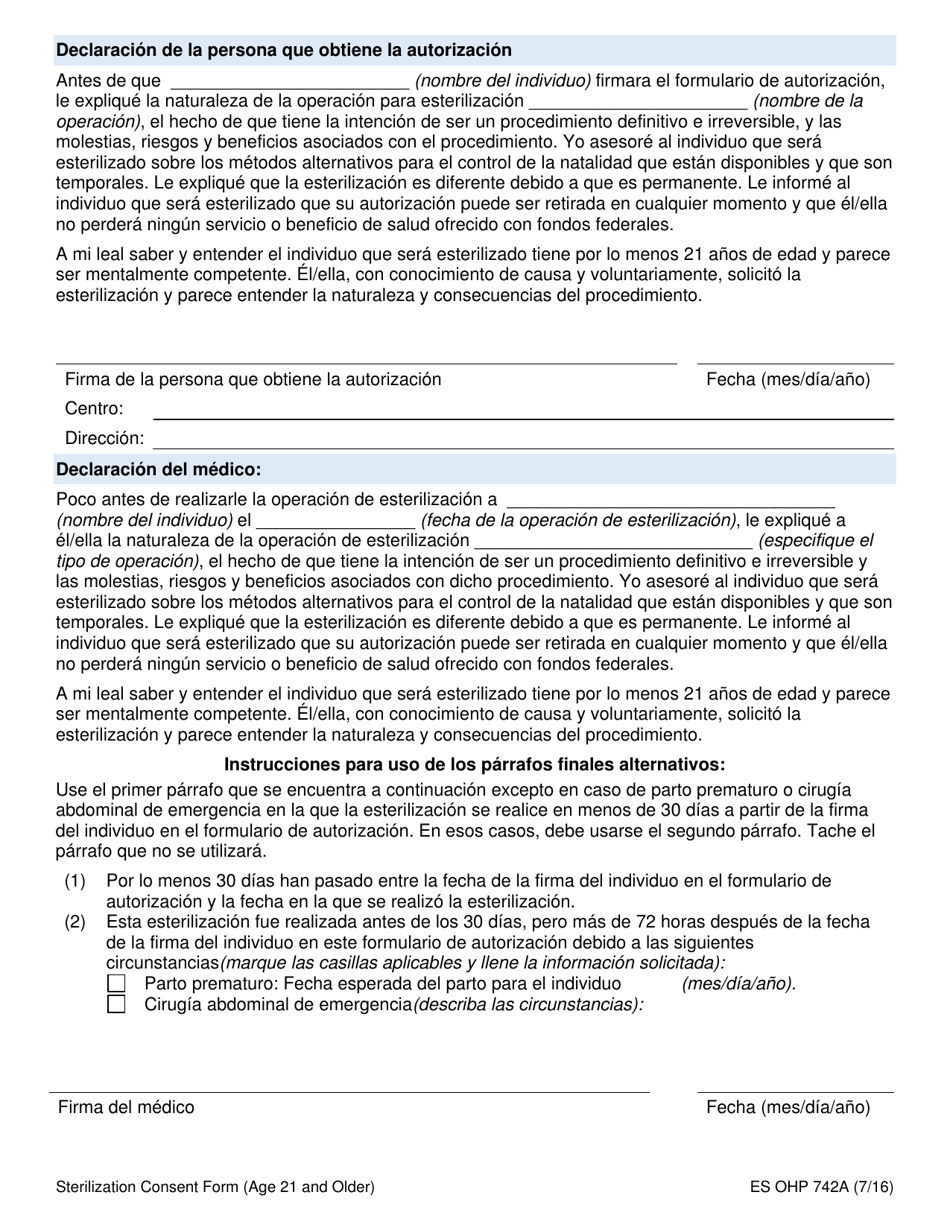 Formulario OHP742A Autorizacion Para Esterilizacion - Oregon (Spanish), Page 2