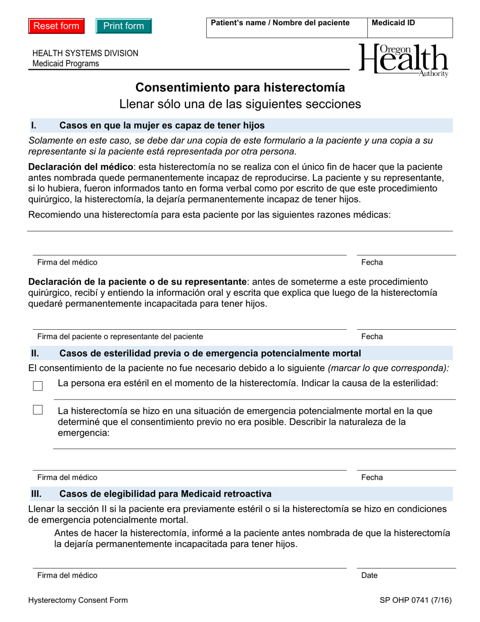 Formulario OHP741 Consentimiento Para Histerectomia - Oregon (Spanish), Page 1