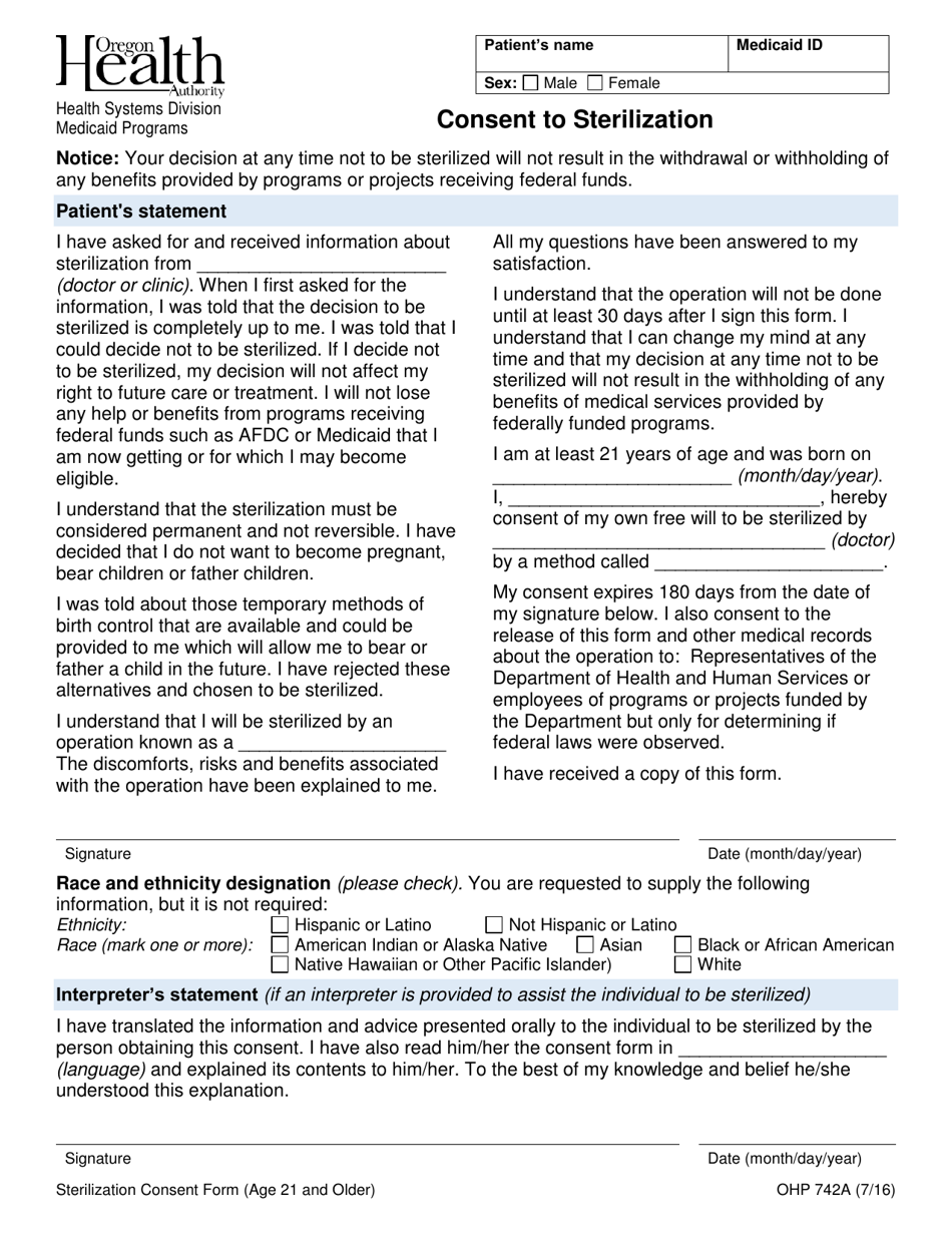Form OHP742A Consent to Sterilization (Ages 21 and up) - Oregon, Page 1