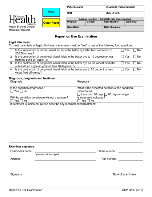 Form OHP729C Report on Eye Examination - Oregon