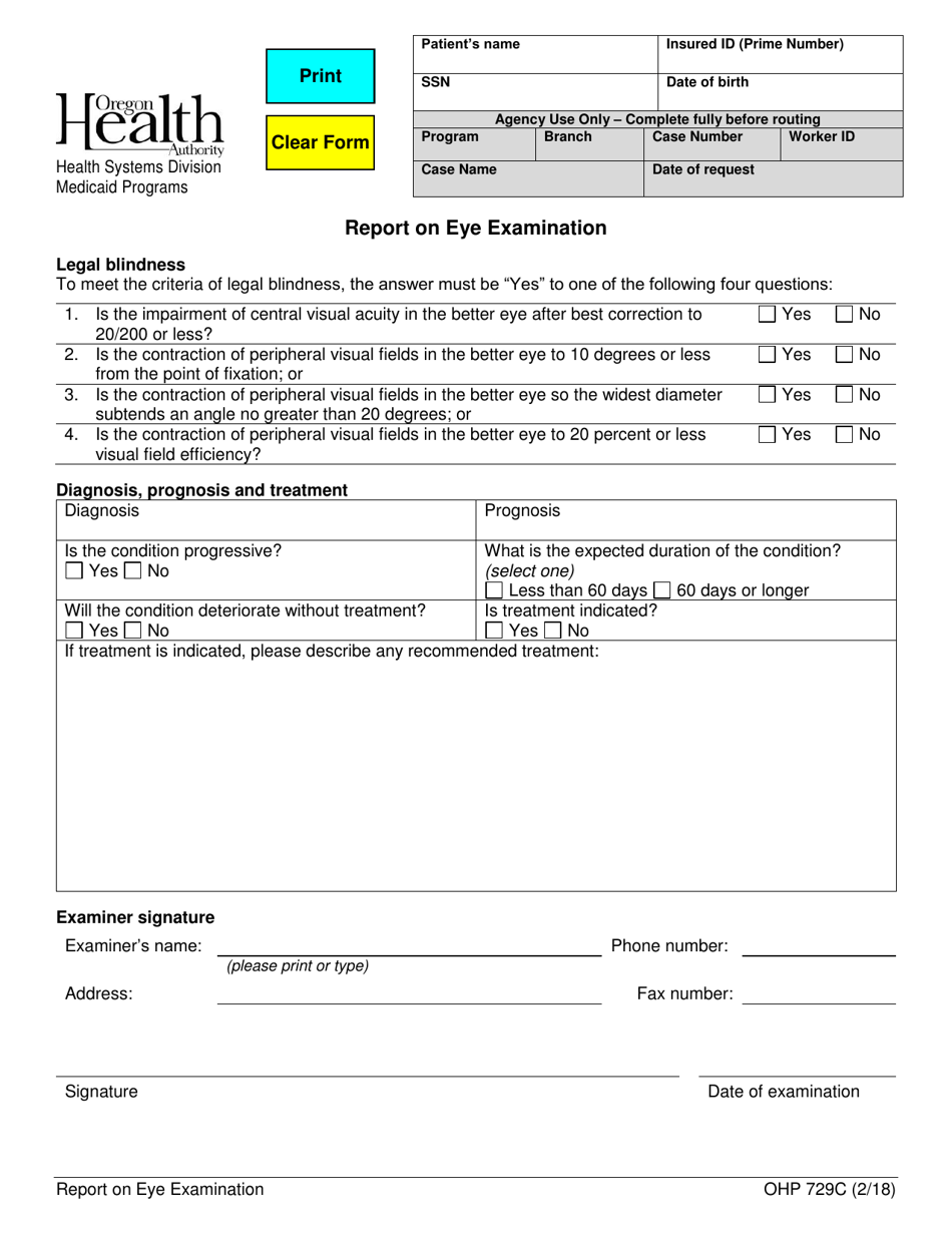 Form OHP729C Report on Eye Examination - Oregon, Page 1