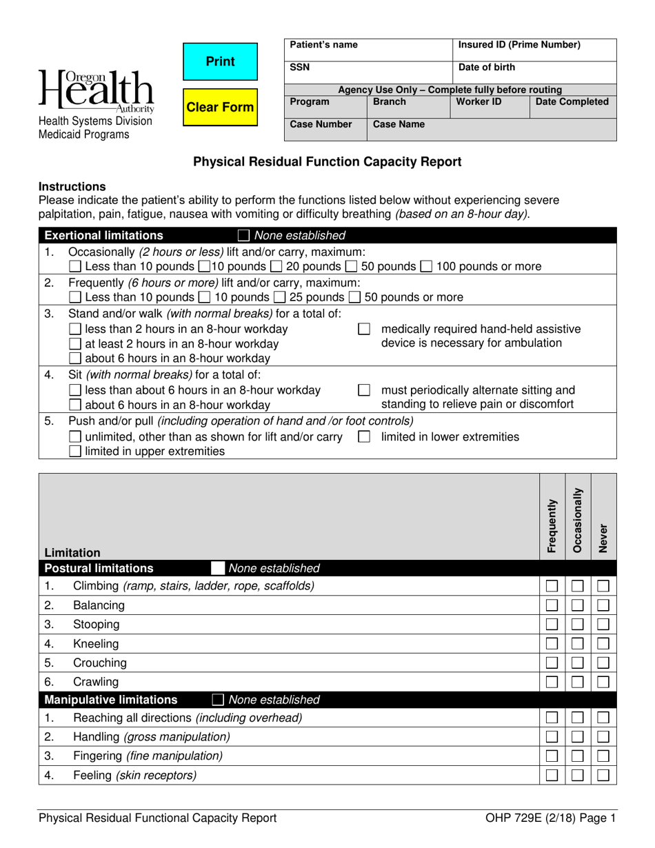 Form OHP729E Physical Residual Function Capacity Report - Oregon, Page 1