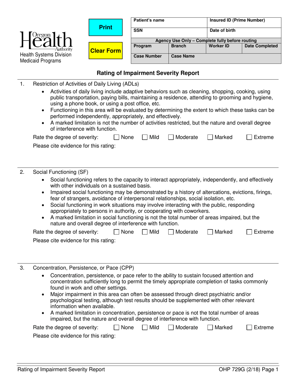 Form OHP729G Rating of Impairment Severity Report - Oregon, Page 1