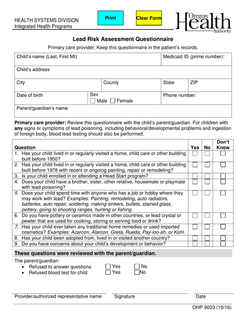 Form OHP9033 Lead Risk Assessment Questionnaire - Oregon