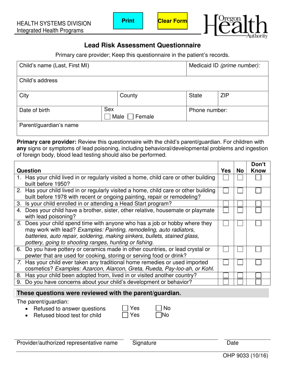 Form OHP9033 Lead Risk Assessment Questionnaire - Oregon, Page 1