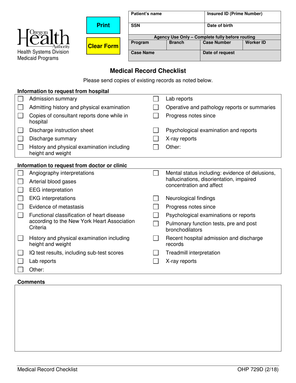Form OHP729D Medical Record Checklist - Oregon, Page 1