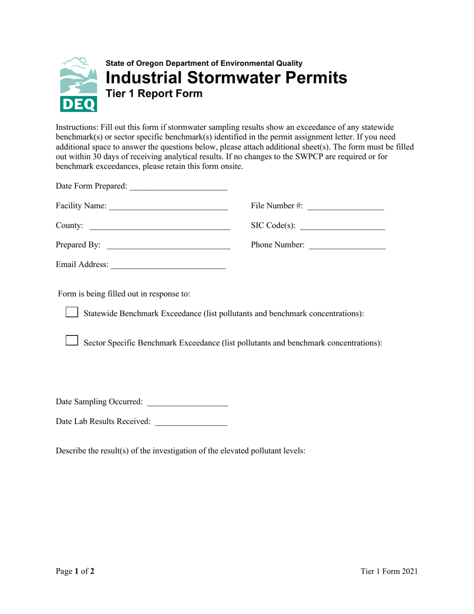 Industrial Stormwater Permits Tier 1 Report Form - Oregon, Page 1