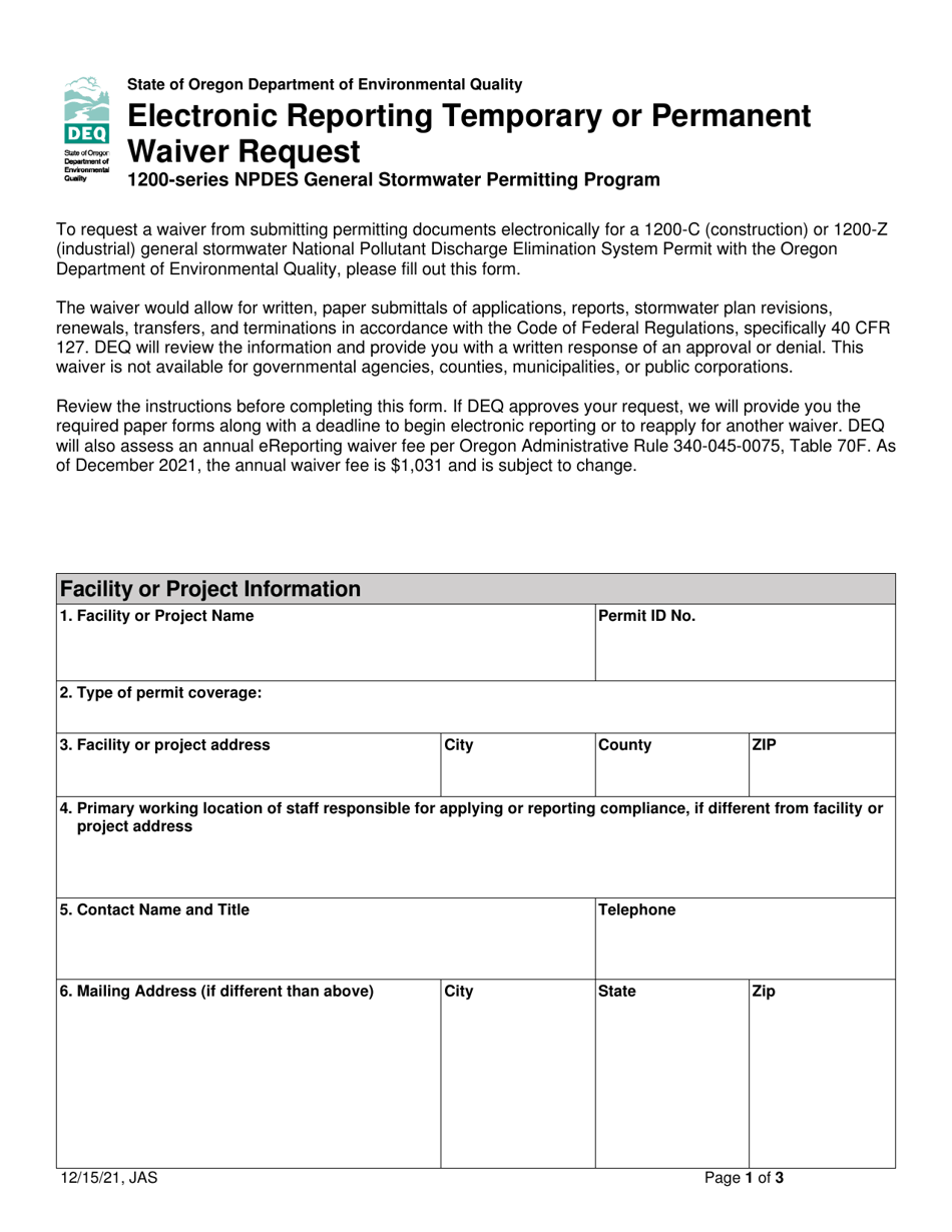 Electronic Reporting Temporary or Permanent Waiver Request - 1200-series Npdes General Stormwater Permitting Program - Oregon, Page 1