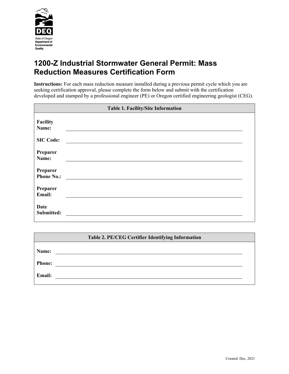 1200-z Industrial Stormwater General Permit: Mass Reduction Measures Certification Form - Oregon, Page 4