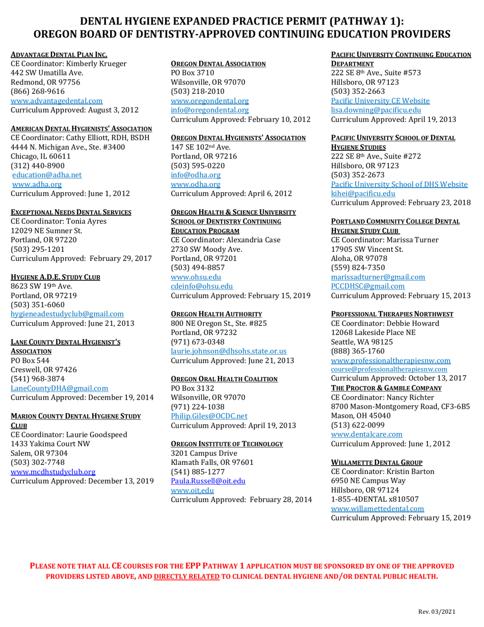 Oregon Application for Dental Hygiene Expanded Practice Permit