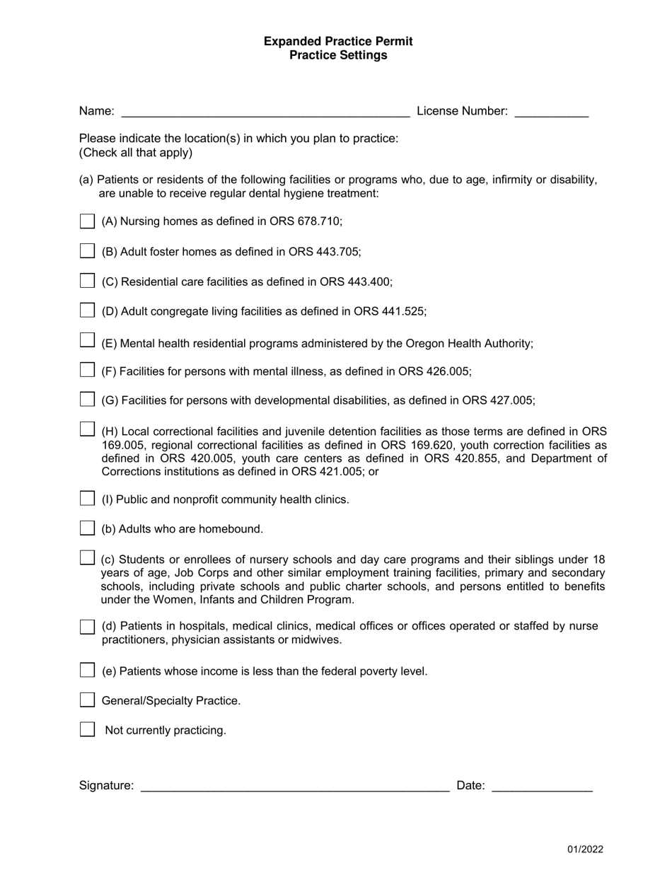 Oregon Application for Dental Hygiene Expanded Practice Permit