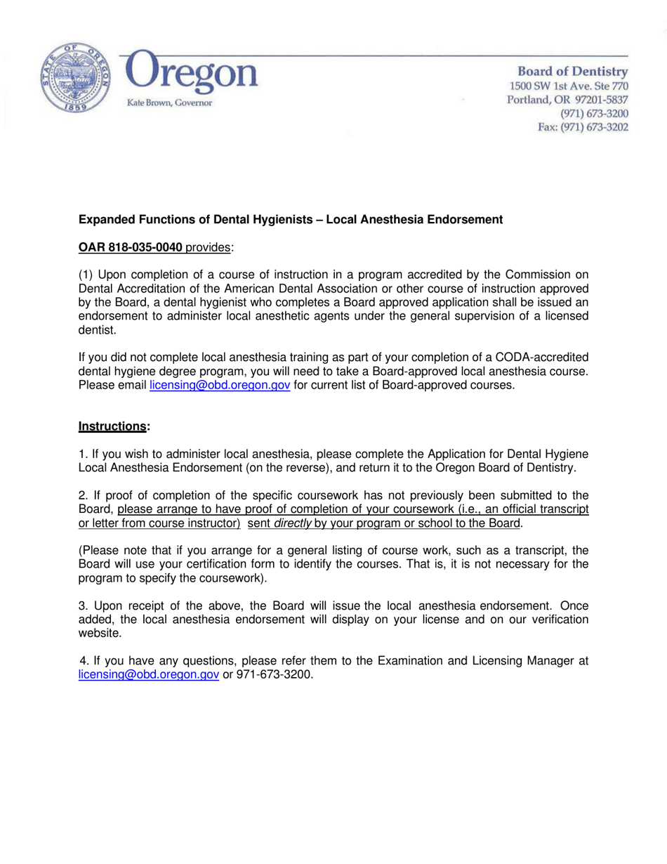 Oregon Application for Dental Hygiene Local Anesthesia Endorsement Download Fillable PDF