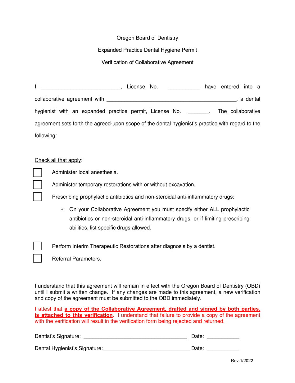 Expanded Practice Dental Hygiene Permit Verification of Collaborative Agreement - Oregon, Page 1