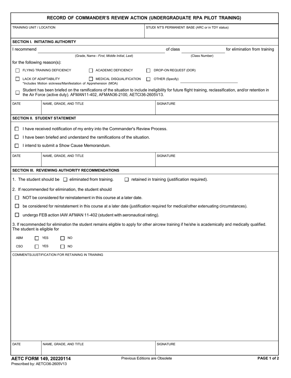 AETC Form 149 Download Fillable PDF or Fill Online Record of Commander ...