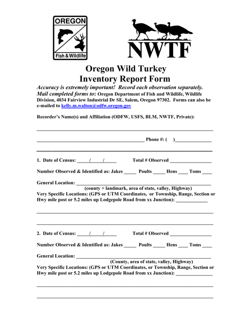 Oregon Wild Turkey Inventory Report Form - Oregon Download Pdf