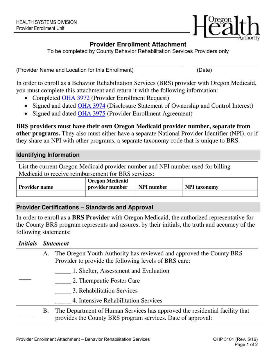 Form OHP3101 Provider Enrollment Attachment - Behavior Rehabilitation Services - Oregon, Page 1