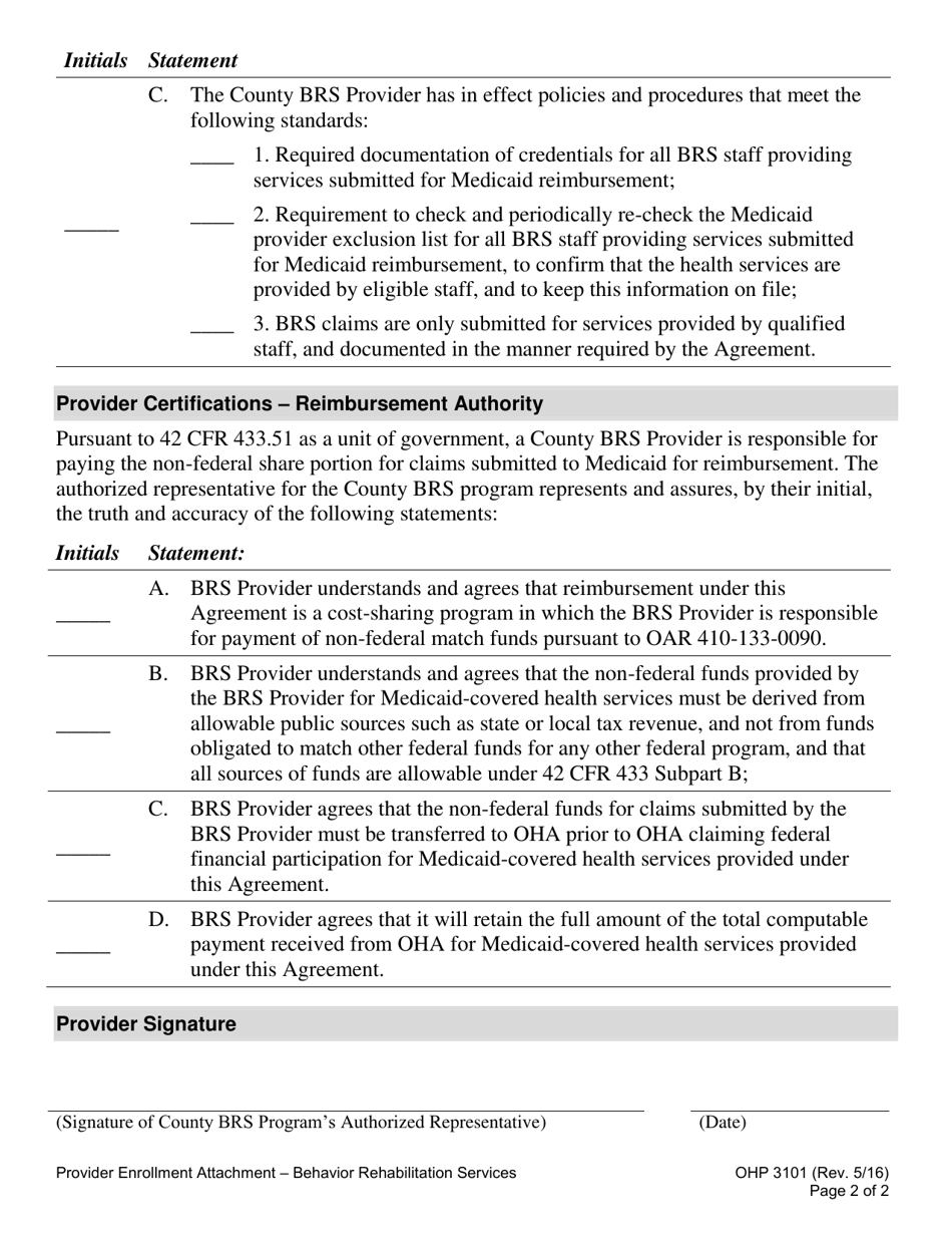 Form OHP3101 Provider Enrollment Attachment - Behavior Rehabilitation Services - Oregon, Page 2