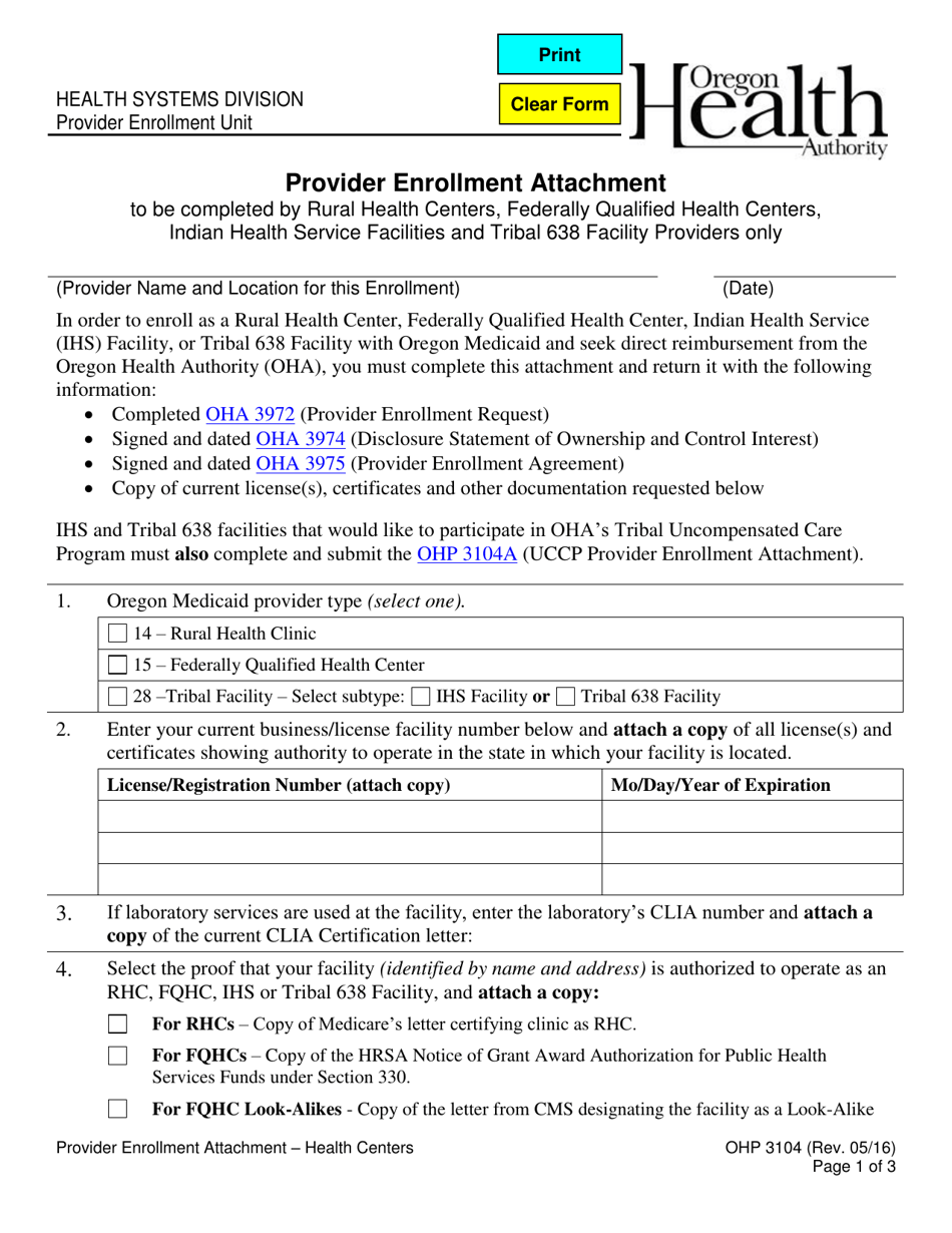 Form OHP3104 Provider Enrollment Attachment - Health Centers - Oregon, Page 1