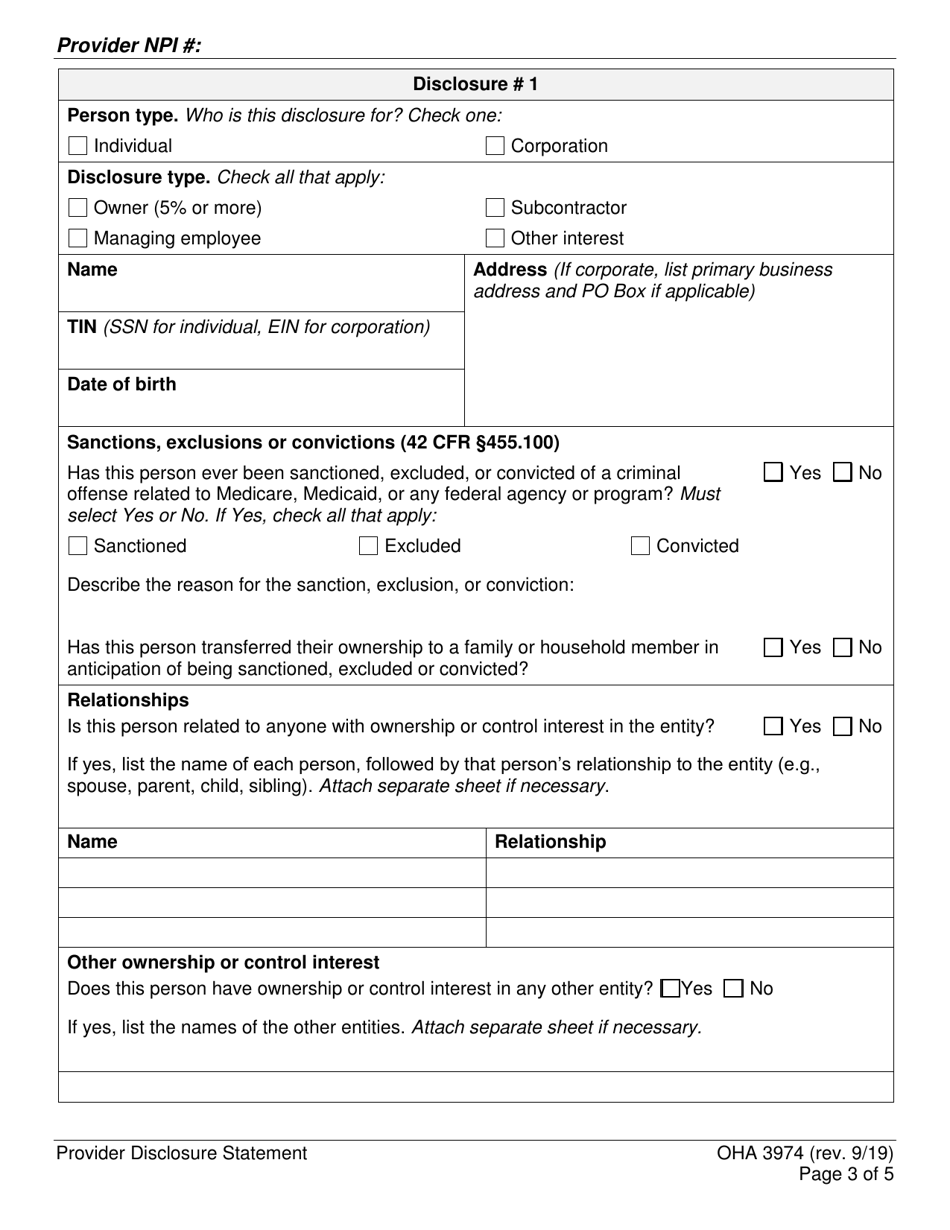 Form OHA3974 Provider Disclosure Statement of Ownership and Control, Business Transactions and Criminal Convictions - Oregon, Page 3