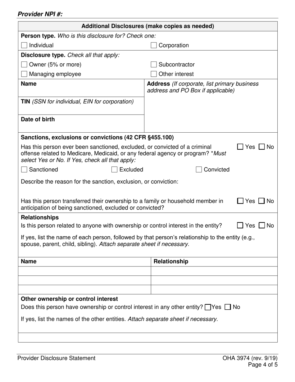 Form OHA3974 Provider Disclosure Statement of Ownership and Control, Business Transactions and Criminal Convictions - Oregon, Page 4