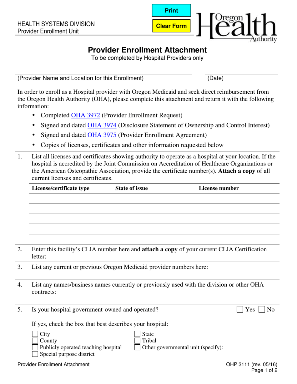 Form OHP3111 Provider Enrollment Attachment - Hospital - Oregon, Page 1