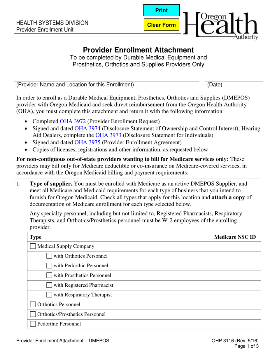 Form OHP3116 Provider Enrollment Attachment - Durable Medical Equipment (Dme) - Oregon, Page 1
