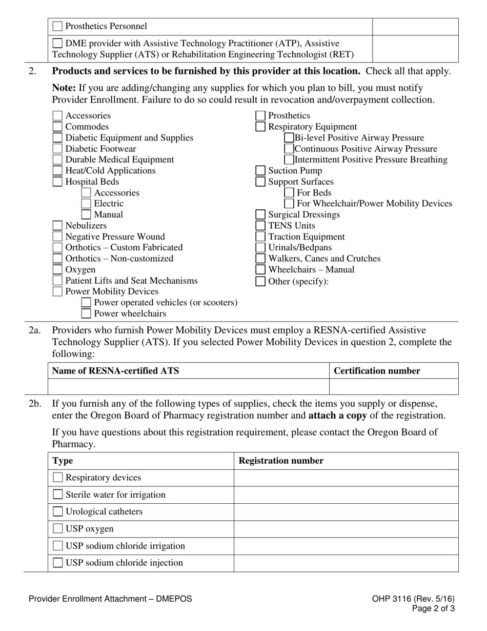 Form OHP3116 Provider Enrollment Attachment - Durable Medical Equipment (Dme) - Oregon, Page 2