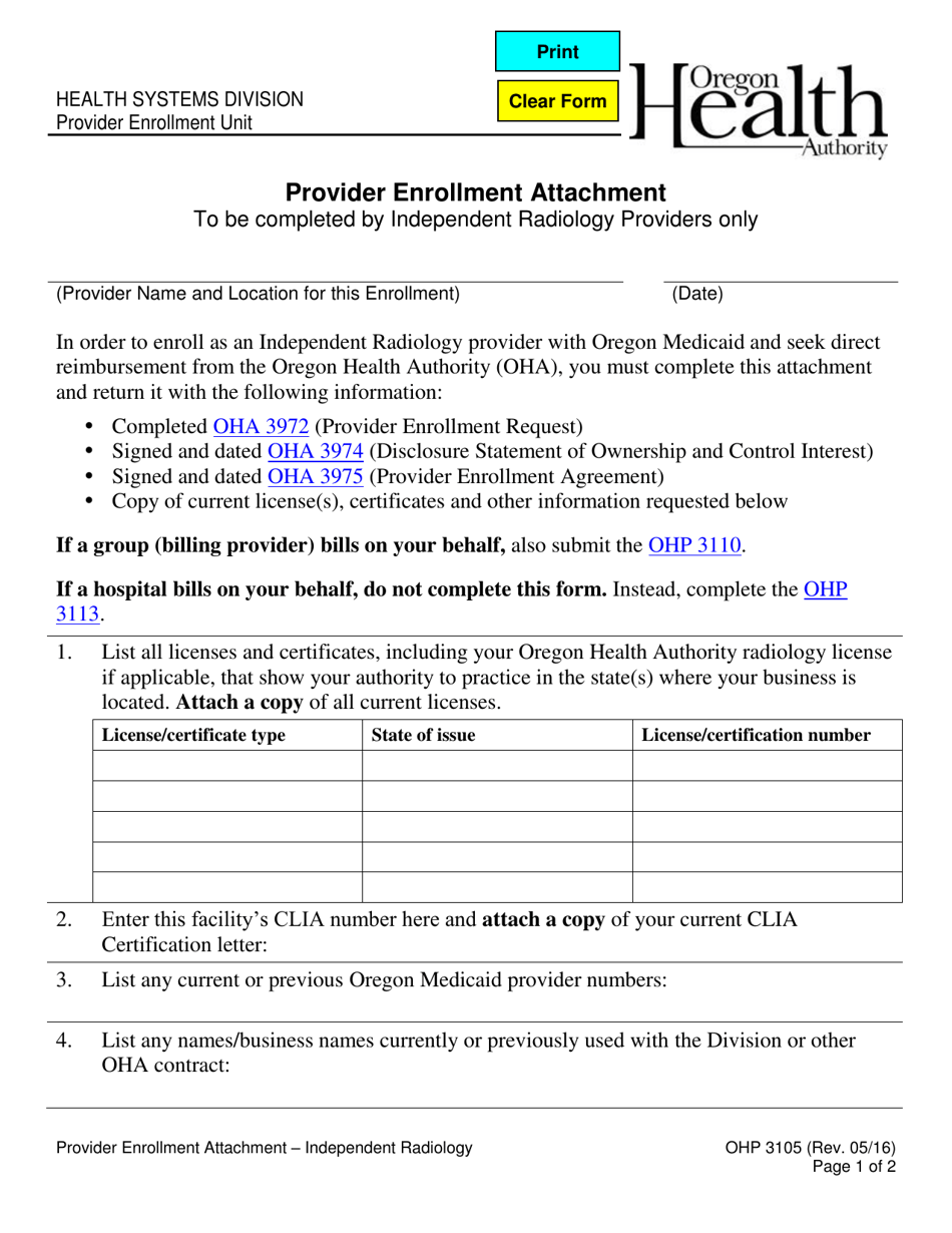 Form OHP3105 Provider Enrollment Attachment - Independent Radiology - Oregon, Page 1