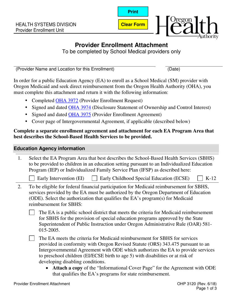 Form OHP3120 Provider Enrollment Attachment - School Medical - Oregon, Page 1