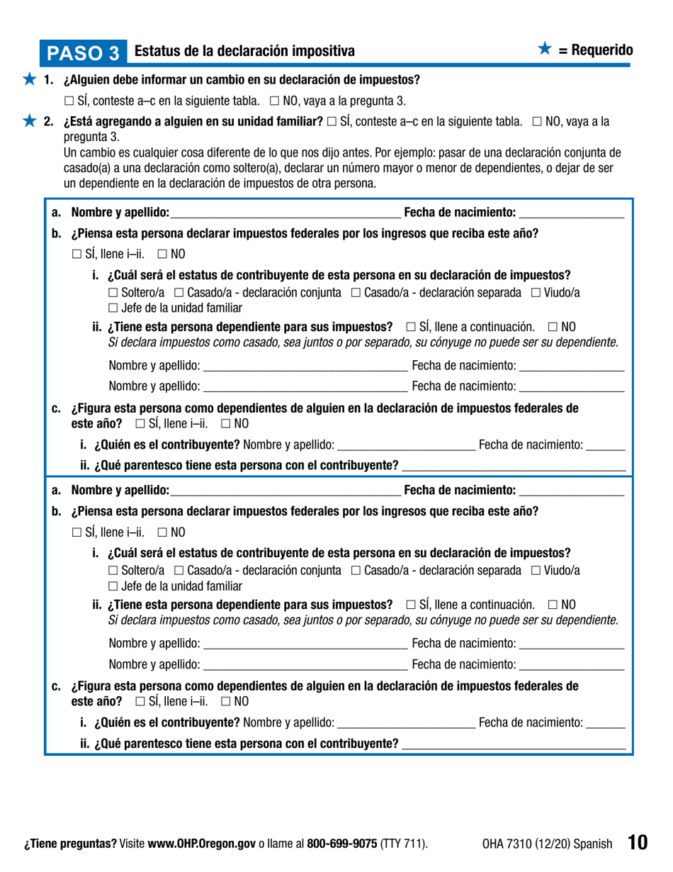 Formulario OHA7310 Parte 2 Renovacion De Beneficios Del Plan De Salud De Oregon - Oregon (Spanish), Page 10