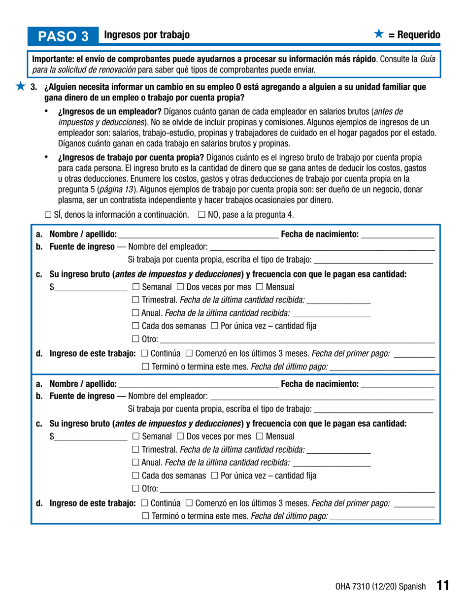 Formulario OHA7310 Parte 2 Renovacion De Beneficios Del Plan De Salud De Oregon - Oregon (Spanish), Page 11