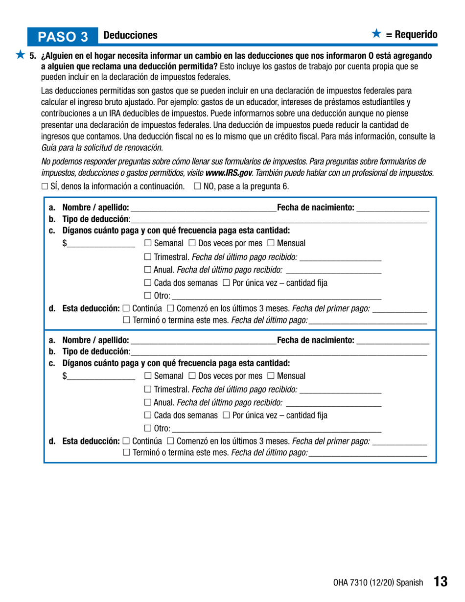 Formulario OHA7310 Parte 2 Renovacion De Beneficios Del Plan De Salud De Oregon - Oregon (Spanish), Page 13
