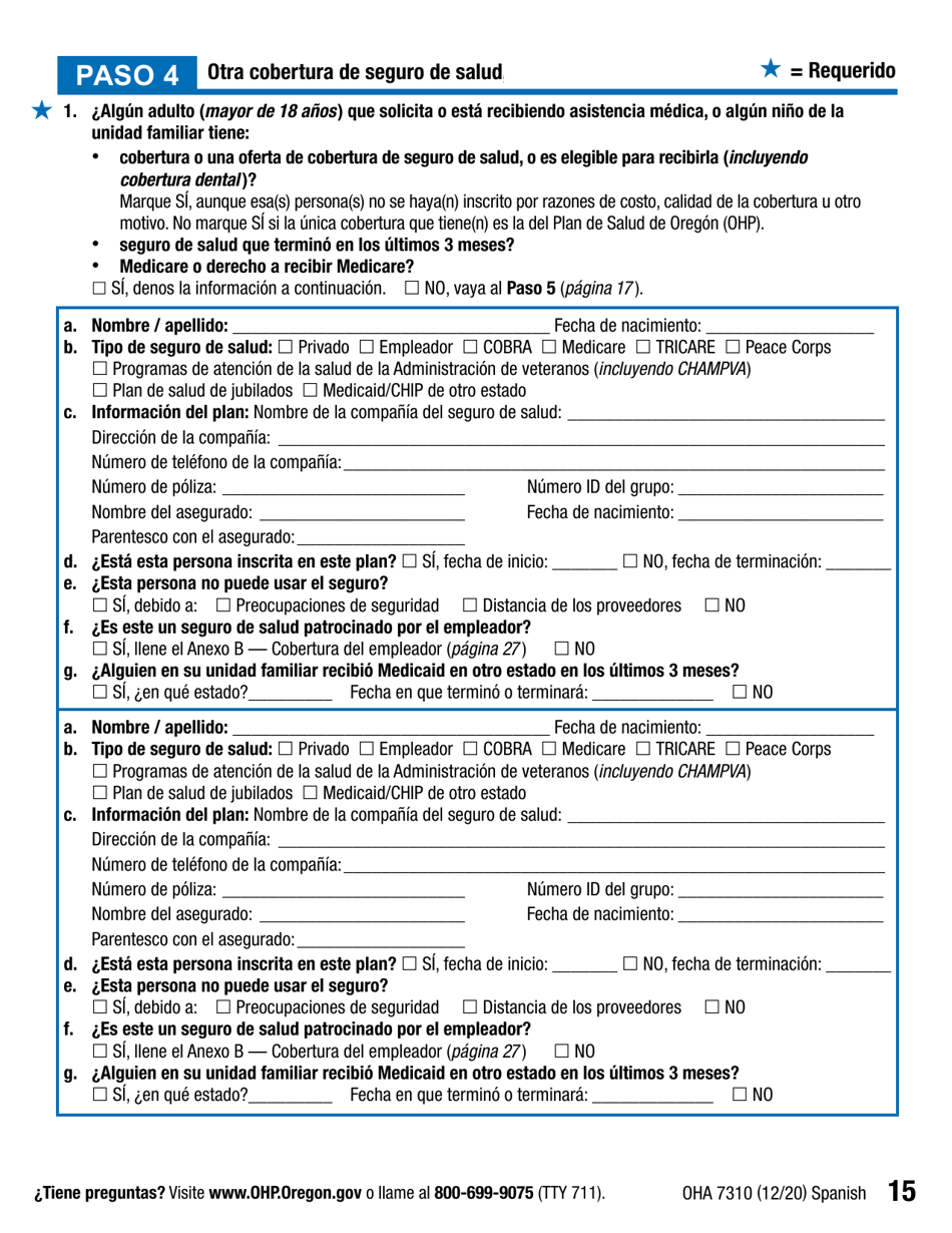 Formulario OHA7310 Parte 2 Renovacion De Beneficios Del Plan De Salud De Oregon - Oregon (Spanish), Page 15