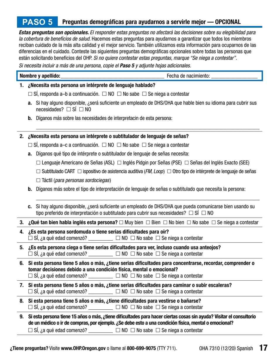 Formulario OHA7310 Parte 2 Renovacion De Beneficios Del Plan De Salud De Oregon - Oregon (Spanish), Page 17