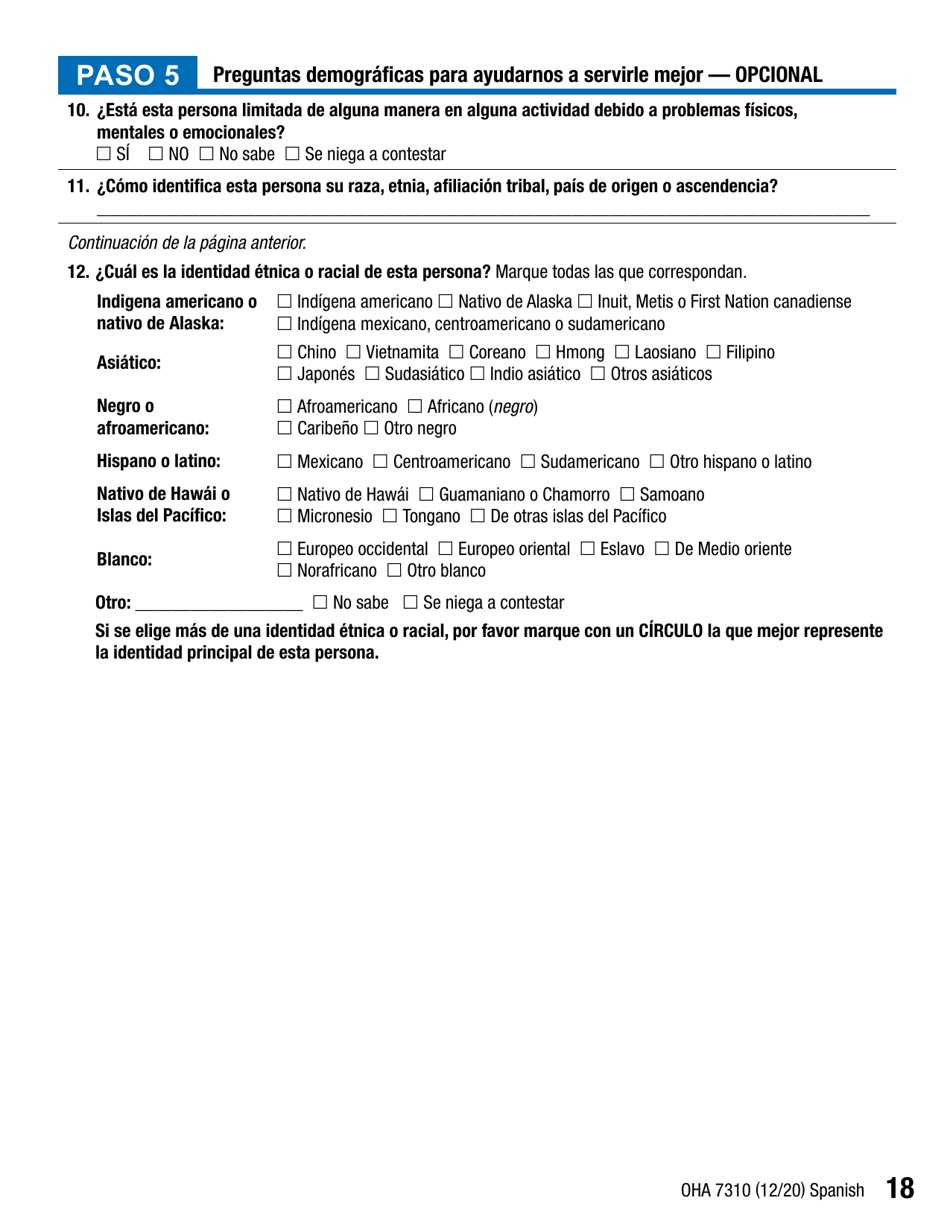 Formulario OHA7310 Parte 2 Renovacion De Beneficios Del Plan De Salud De Oregon - Oregon (Spanish), Page 18
