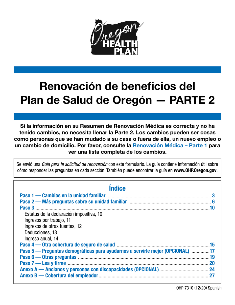 Formulario OHA7310 Parte 2 Renovacion De Beneficios Del Plan De Salud De Oregon - Oregon (Spanish), Page 1