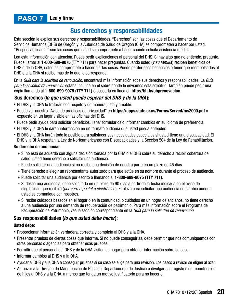Formulario OHA7310 Parte 2 Renovacion De Beneficios Del Plan De Salud De Oregon - Oregon (Spanish), Page 20