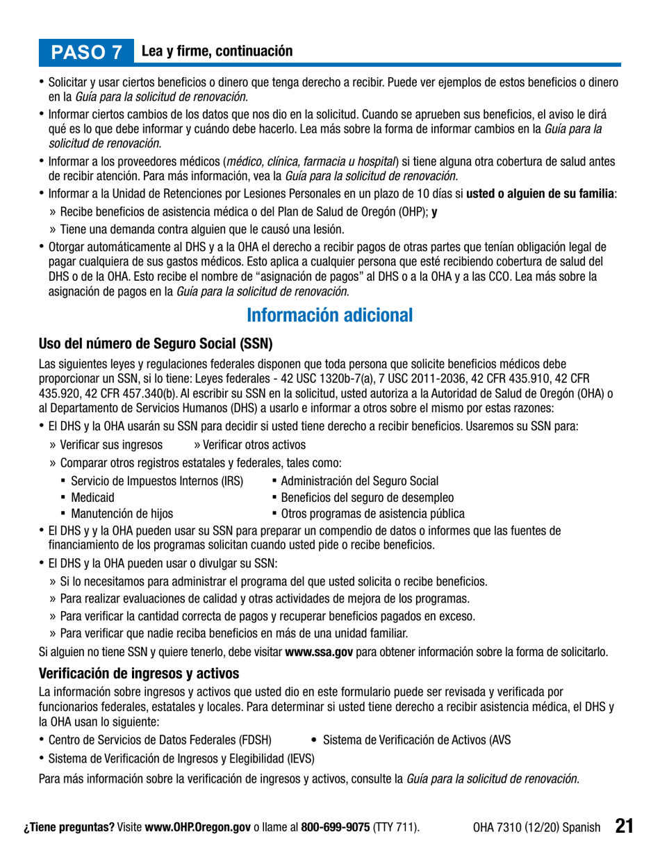 Formulario OHA7310 Parte 2 Renovacion De Beneficios Del Plan De Salud De Oregon - Oregon (Spanish), Page 21