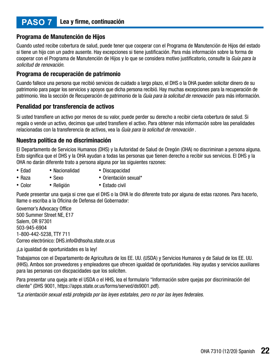 Formulario OHA7310 Parte 2 Renovacion De Beneficios Del Plan De Salud De Oregon - Oregon (Spanish), Page 22