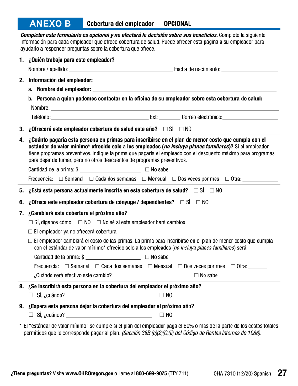 Formulario OHA7310 Parte 2 Renovacion De Beneficios Del Plan De Salud De Oregon - Oregon (Spanish), Page 27