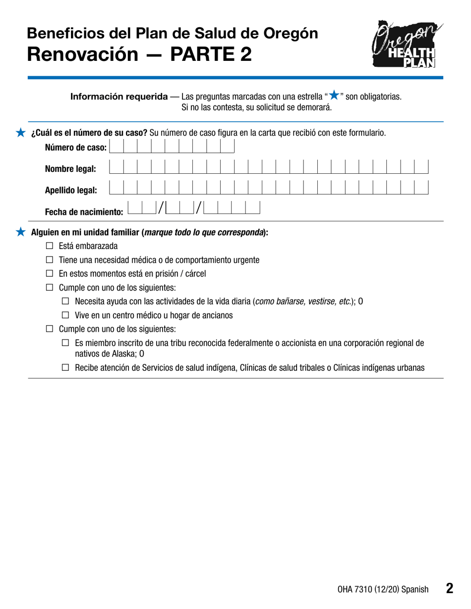 Formulario OHA7310 Parte 2 Renovacion De Beneficios Del Plan De Salud De Oregon - Oregon (Spanish), Page 2